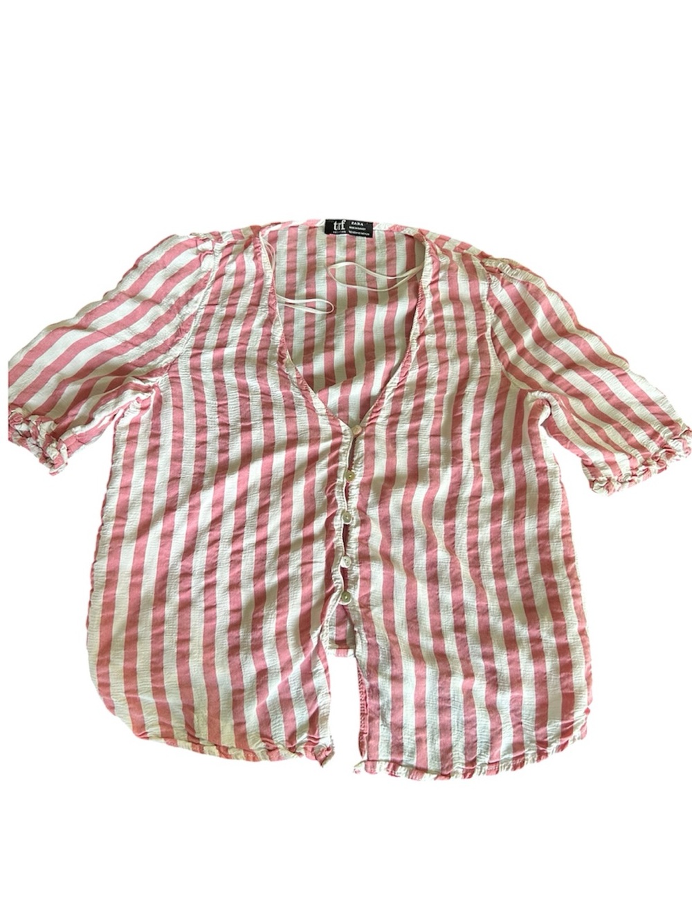 Zara coral white stripped button front short sleeve blouse